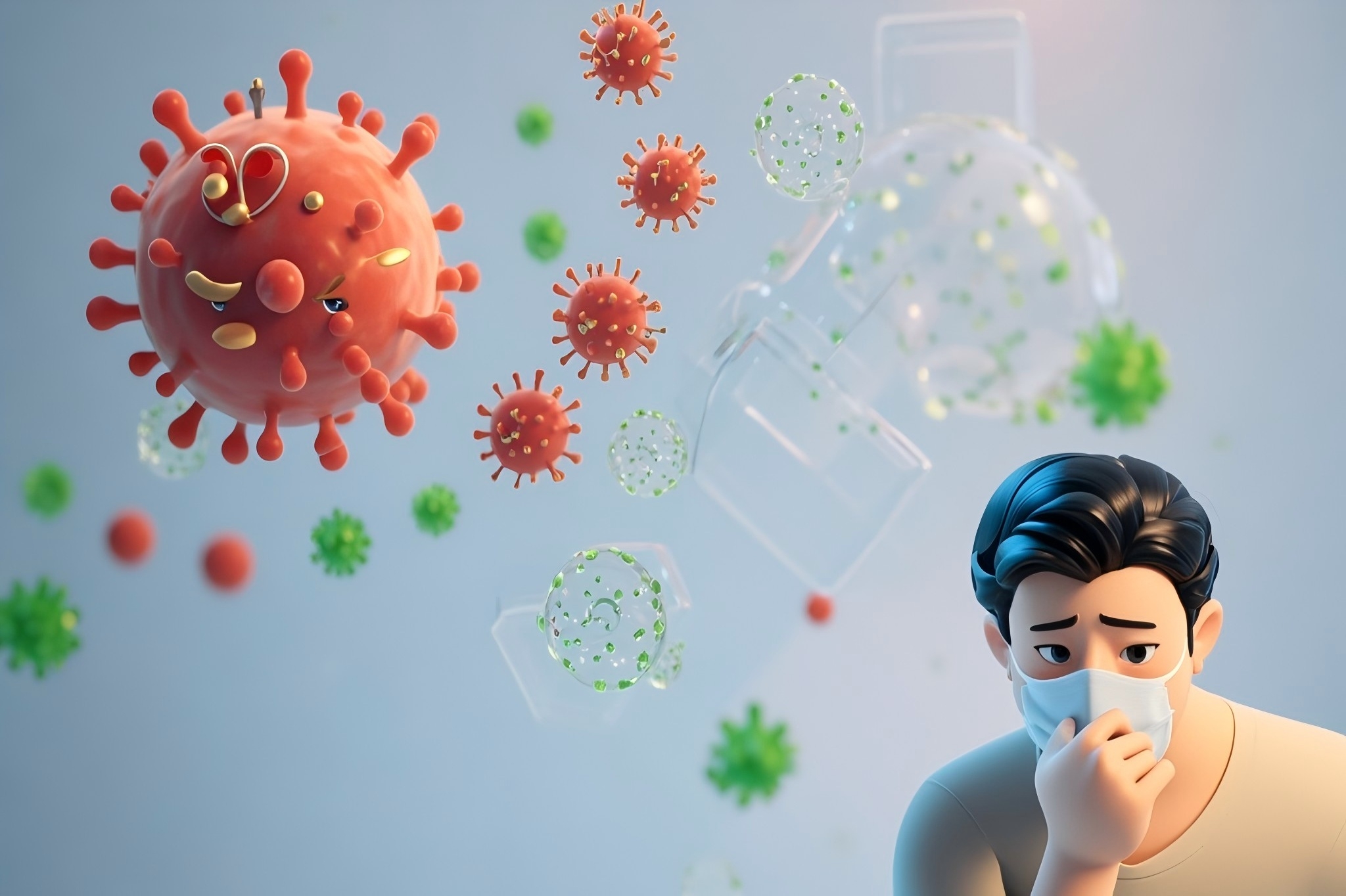 流感3D渲染卡通風(fēng)成年男子咳嗽打噴嚏捂住嘴巴緊張表情插畫（商業(yè)使用）